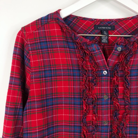 SOLD Lands End Red Tartan Plaid Flannel Ruffle Shirt - Picture 4 of 8